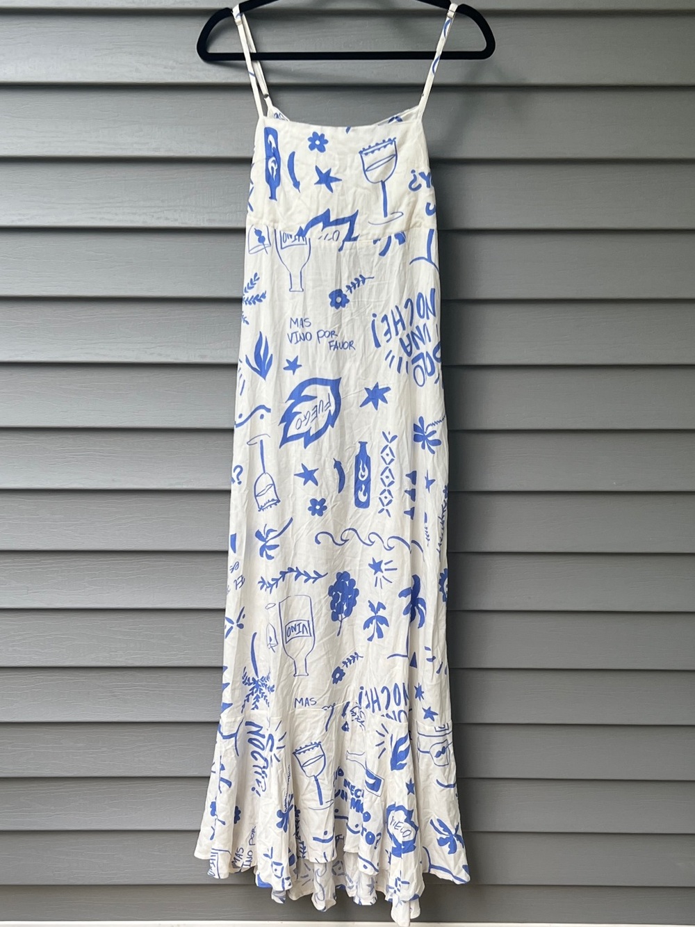 Paper Heart Anthropologie Vino Dress Size S White Blue Wine Print Tie Back Maxi